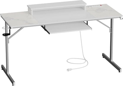 Bestier 63 Inch Gaming Desk with LED Lights & Power Outlets Computer Desk with Laptop Stand & Keyboard Tray Modern PC Desk with Headset Hook for Home Office, Carbon Fiber and Marble Splicing White