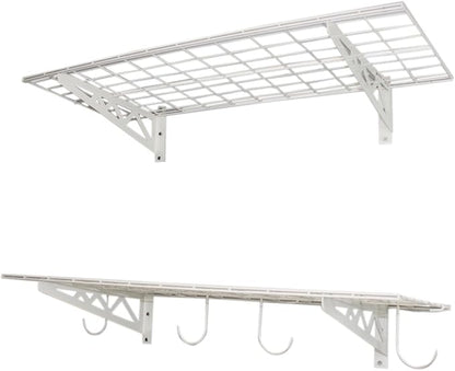SafeRacks Wall Shelves - 2 Pk 18"x36" Wall Mountable Shelving Unit for Storage Rack, Pantry Shelves, Utility Shelving, Heavy Duty Shelves w/ 4 Versatile Accessory Hooks, 500lbs Capacity, White