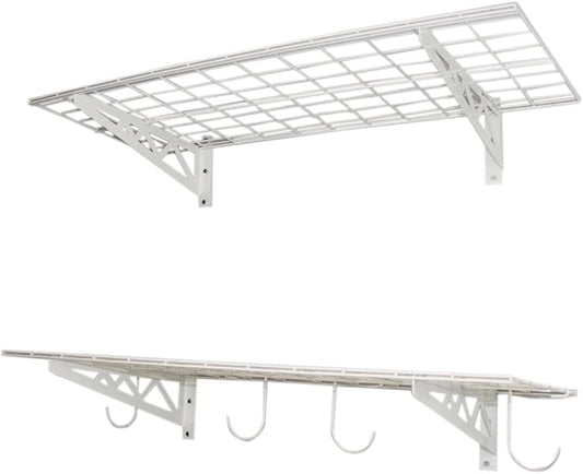 SafeRacks Wall Shelves - 2 Pk 18"x36" Wall Mountable Shelving Unit for Storage Rack, Pantry Shelves, Utility Shelving, Heavy Duty Shelves w/ 4 Versatile Accessory Hooks, 500lbs Capacity, White