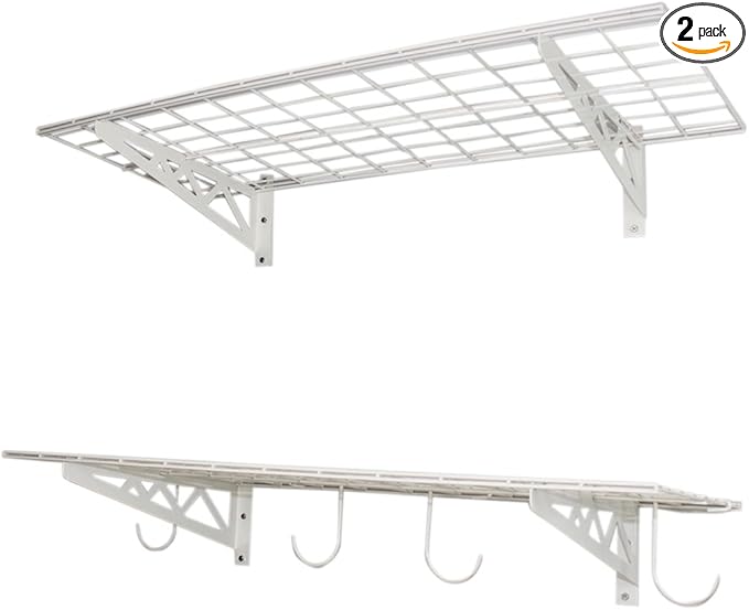 MonsterRax Garage Wall Shelf Two-Pack White or Hammertone Three Size Options Includes Bike Hooks 500lb Weight Capacity (White, 18"x36")
