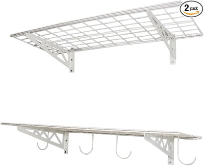 MonsterRax Garage Wall Shelf Two-Pack White or Hammertone Three Size Options Includes Bike Hooks 500lb Weight Capacity (White, 18"x36")
