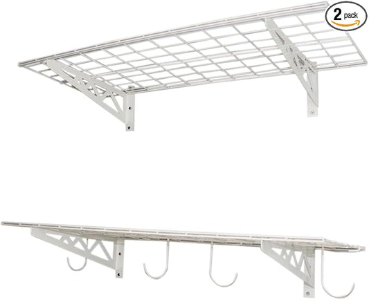 MonsterRax Garage Wall Shelf Two-Pack White or Hammertone Three Size Options Includes Bike Hooks 500lb Weight Capacity (White, 18"x36")