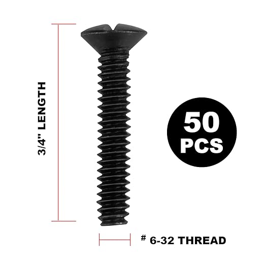 Henne Bery 3/4" Long 6-32 Thread, Oval Head Milled Slot Replacement Wall Plate Screws, 50 Pack, Black