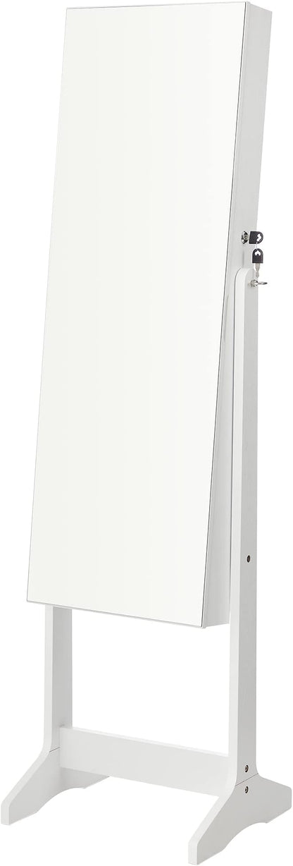 SONGMICS Jewelry Cabinet Armoire, Freestanding Lockable Storage Organizer Unit with 2 Plastic Cosmetic Storage, Full-Length Frameless Mirror, for Necklace Earring, White UJJC002W01