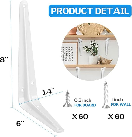 20 Pack Shelf Brackets 8 Inches White, Heavy Duty Steel Metal L Brackets for Shelves, J Brackets Wall Angel Corner Brace for Wood Board