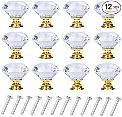 YourGift 12 Pack Drawer Knobs Diamond Shaped Crystal Glass 40mm Cabinet Knobs Pull Handles (40 mm, 12 Pack, Gold)