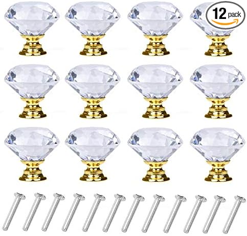YourGift 12 Pack Drawer Knobs Diamond Shaped Crystal Glass 40mm Cabinet Knobs Pull Handles (40 mm, 12 Pack, Gold)