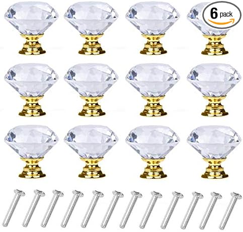 YourGift 6 Pack Drawer Knobs Diamond Shaped Crystal Glass 30mm Cabinet Knobs Pull Handles (30 mm, 6 Pack, Gold)