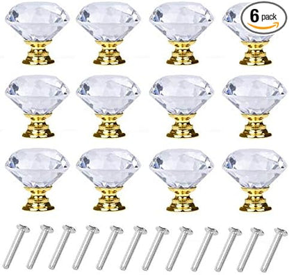 YourGift 6 Pack Drawer Knobs Diamond Shaped Crystal Glass 30mm Cabinet Knobs Pull Handles (30 mm, 6 Pack, Gold)