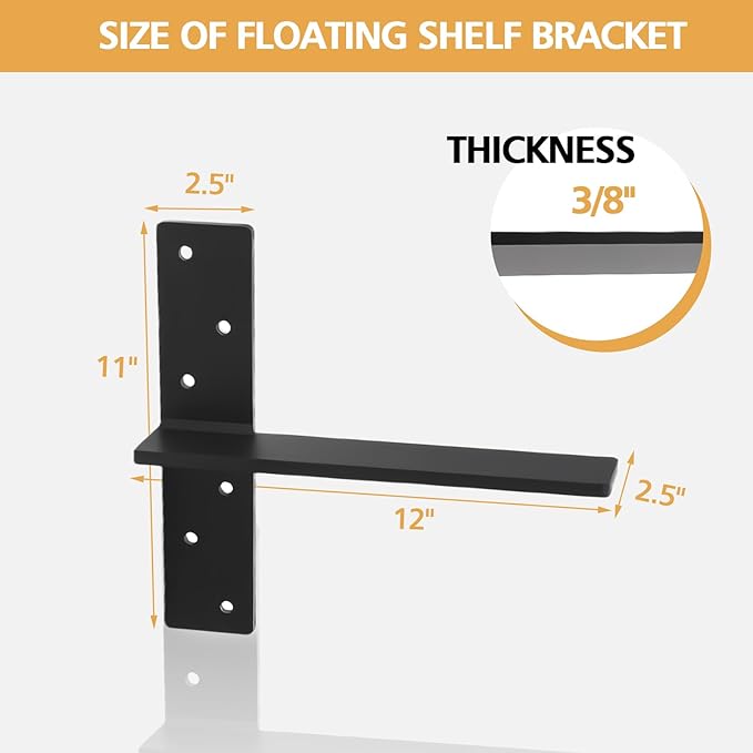 3/8" Thick Floating Shower Bench Brackets 3 Pcs, 12"x11"x2.5"Heavy Duty Free Hanging T Shelf Support Brackets, Wall Mount Bracket for Granite, Vanity, Shower Bench, Cabinets, Dishwasher,Countertop