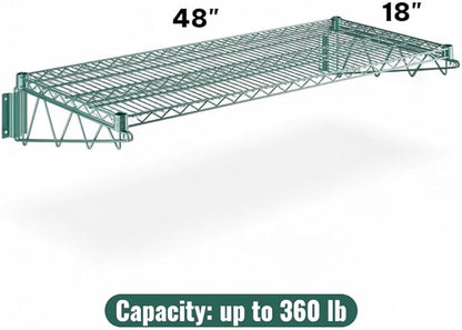 18" x 48" Green Wall-Mounted Wire Shelf with Epoxy Coating, Heavy-Duty Steel Storage Rack, NSF Certified, Easy Installation, Open Wire Design for Kitchen, Garage, or Utility Storage