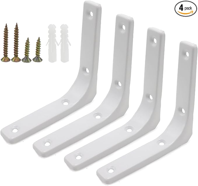4pcs 4 Inch L Brackets, Heavy Duty Wall Mount White L Corner Brackets Braces for Wood, Shelves, Cabinets, 90 Degree Triangle Shelf Support with Screws, Small Right Angle Bracket