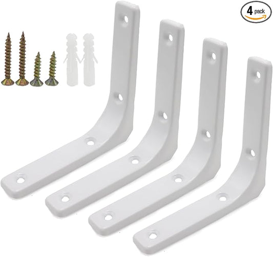 4pcs 4 Inch L Brackets, Heavy Duty Wall Mount White L Corner Brackets Braces for Wood, Shelves, Cabinets, 90 Degree Triangle Shelf Support with Screws, Small Right Angle Bracket
