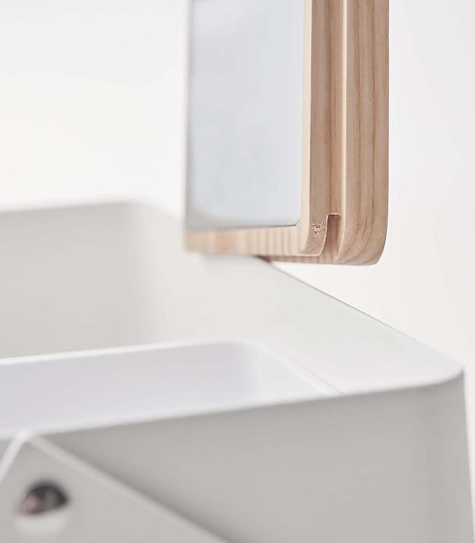 YAMAZAKI Home Tower Large Makeup Organizer Cosmetic Caddy With Handle Vanity Storage Drawer With Lid - Steel + Wood