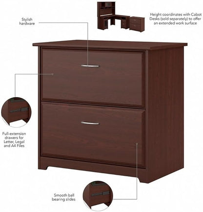 Bush Home Cabot 2 Drawer Lateral File Cabinet in Harvest Cherry, Home Office Chest for Letter, Legal, and A4-size Document Storage