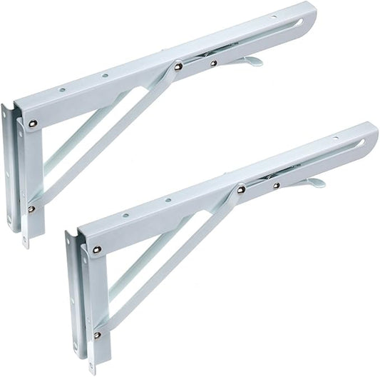 Sumnacon Sturdy Folding Shelf Brackets - Heavy Duty Metal Triangle Table Bench Folding Shelf Brackets, 2 Pcs Folding Shelf Hinge Wall Mounted (12 Inch, White)