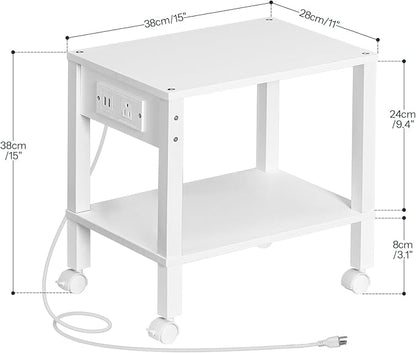 HOOBRO 2-Tier Printer Stand with Charging Station, Under Desk Printer Table, Printer Cart with Storage Shelves, Shelf for Small Spaces, for Home Office, White WT38UPS01
