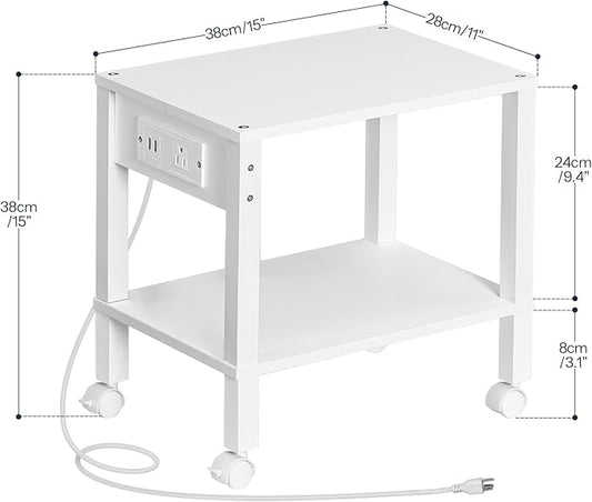HOOBRO 2-Tier Printer Stand with Charging Station, Under Desk Printer Table, Printer Cart with Storage Shelves, Shelf for Small Spaces, for Home Office, White WT38UPS01