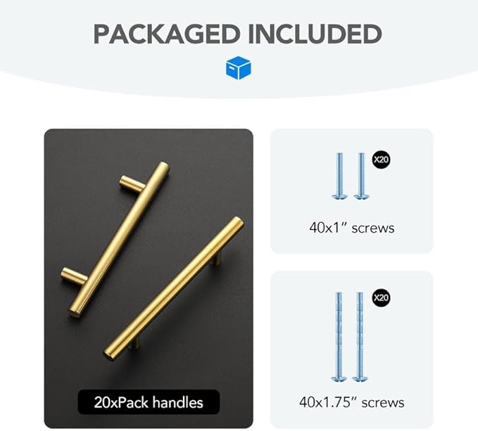 Brushed Brass Cabinet Handles 4 Inch Hole Spacing Stainless Steel Drawer Pulls for Cabinets, Dresser, Bathroom 20 Pack