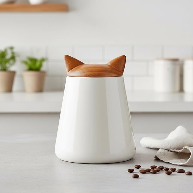 Nambé Cat Treat Jar - 5.5” x 7”, Decorative Feline Storage Container with Acacia Wood Lid & Porcelain Base - Airtight Countertop Jar for Pet Treats, Snacks & Kitchen Décor