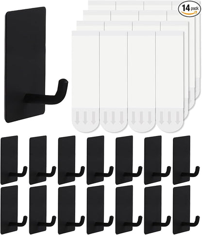 14 Pcs Towel Hooks with Removable Strips for Hanging, Adhesive Wall Heavy Duty, Outdoor No Damage, Sticky Hook for Bathrooms, Shower, Stockings, Decor, Robe, Small, Black 304 Stainless Steel
