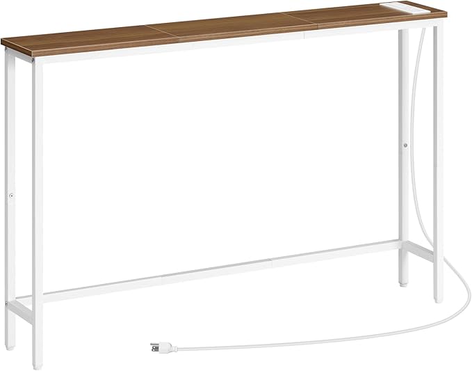 HOOBRO Narrow Console Table with Power Outlets, 44.9 Inches Sofa Table, Slim Behind Couch Table, Entryway Table with Display Shelf, for Living Room, Foyer, Hallway, Walnut and White WH114UXG01