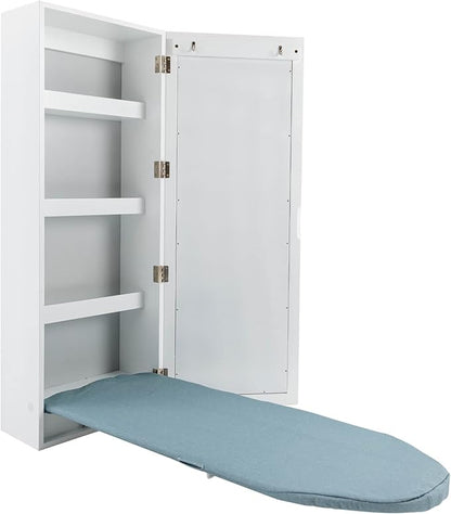 3 Tier Shelf Wall-Mounted Ironing Board Foldable Clothes Ironing Table Pull-Out Stow Away Ironing Board Retractable Small Ironing Board Ironing Storage with Mirror for Home Apartment