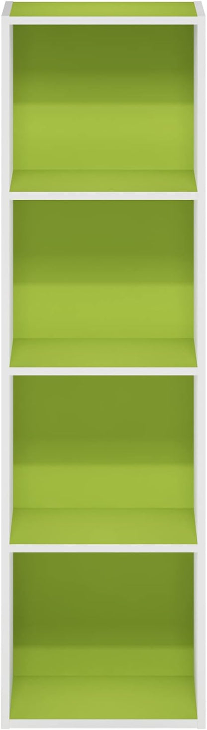 Furinno PASIR Book Shelf, 4-Tier Modern Bookshelf, Open Shelves Bookcase 9 x 12 x 42, for Living Room, Bedroom, Home Office, Green/White