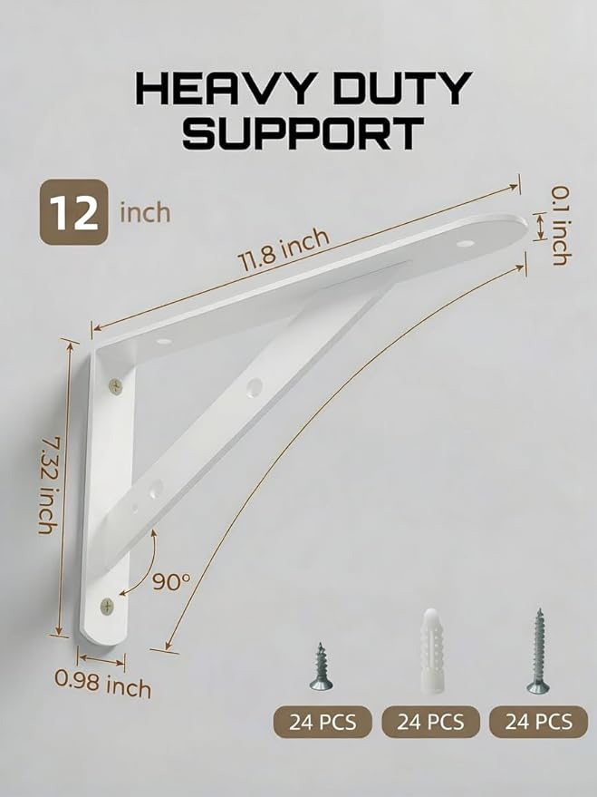 Shelf Brackets Heavy Duty, 8 Pack White 12 inch Floating Shelf Bracket, Max Load 300 lbs of Metal Triangle Decorative Shelf Support Brackets for Wall Mount
