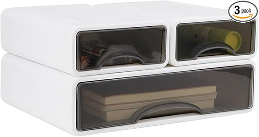 Stackable Desk Organizer, 3-Piece Plastic Drawer Set, White, 13" Wide Letter Size, 3 Drawers