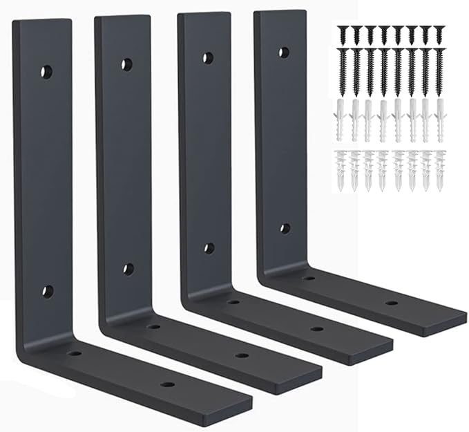 Heavy Duty Shelf Brackets 8 inch Rustic L Black Shelf Brackets 8 x 6 inches Metal Iron Industrial Shelf Bracket - L8 x H 6" x W 1.5" - 4 Pack