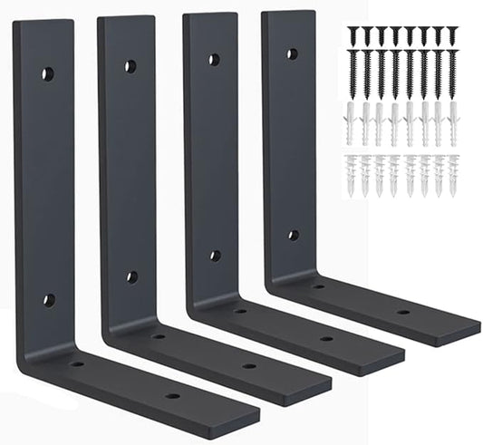 Heavy Duty Shelf Brackets 8 inch Rustic L Black Shelf Brackets 8 x 6 inches Metal Iron Industrial Shelf Bracket - L8 x H 6" x W 1.5" - 4 Pack