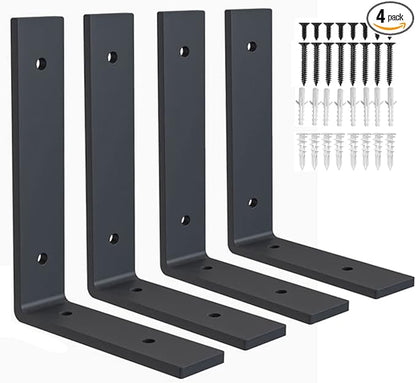 Heavy Duty Shelf Brackets 10 inch Rustic L Black Shelf Brackets 10 x 6 inches Metal Iron Industrial Shelf Bracket - L10 x H 6" x W 1.5" - 4 Pack