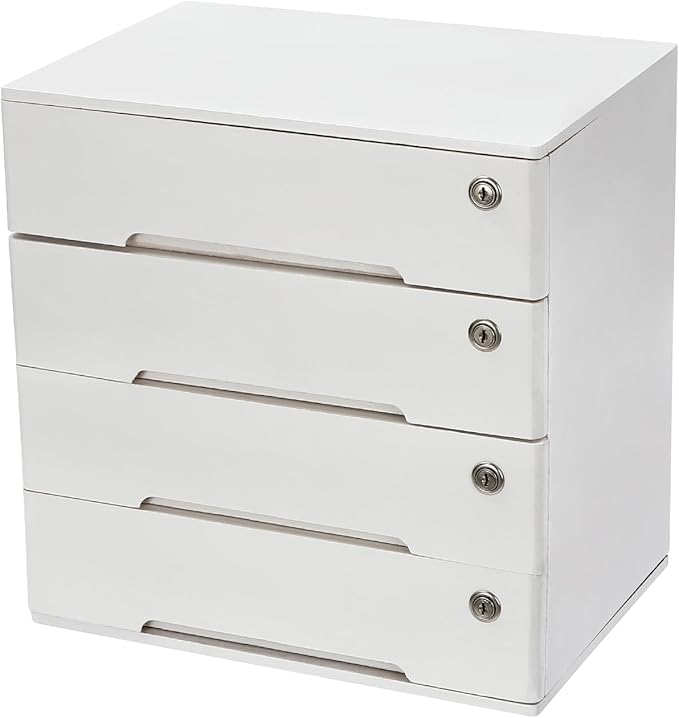 4 Drawers Wood Storage Box, Flat File Cabinet, Storage Cabinet Organizer with Lockable Drawers, Office Supplies File Organizer, Art Storage Cabinets, Multipurpose Tool Box for Home Office (White)
