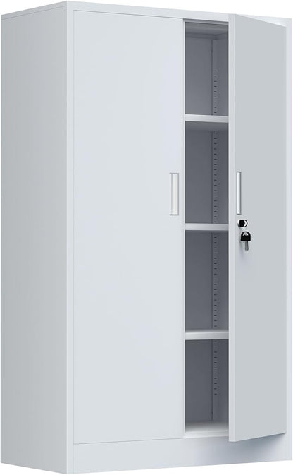 Metal Storage Cabinet with Locking Doors and Adjustable Shelves, 53.5-Inch Tall Lockable Storage Cabinets for Home Office Garage Kitchen Pantry (White)
