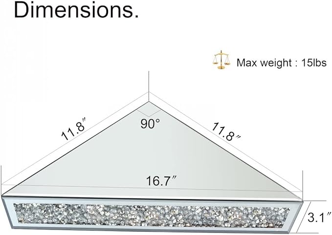 Mirrored Floating Corner Shelf, Silver Mirror Crushed Diamond Decorative Wall Shelf for Home Decoration Crystal Diamond Wall Art Decor Accent Piece Showcase 11.8" L×11.8" W×3.1" H, Set of 2