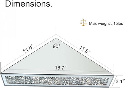 Mirrored Floating Corner Shelf, Silver Mirror Crushed Diamond Decorative Wall Shelf for Home Decoration Crystal Diamond Wall Art Decor Accent Piece Showcase 11.8" L×11.8" W×3.1" H, Set of 2