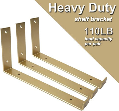 Shelf Brackets 12 Inch 4PCS Heavy Duty Gold Wall Bracket with Lip for Floating Shelves Rustic Iron Metal Shelf Bracket for DIY Open Shelving Hardware Included