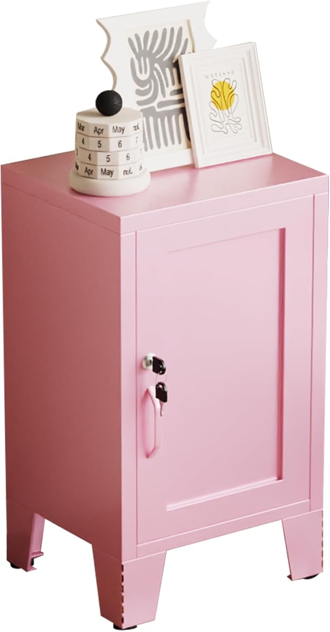ALBAD Metal Nightstand with Lockable Cabinet, Compact Mini Locker Bedside Table for Kids & Adults, Modern Steel Side Table for Bedroom, Dorm, or Living Room (Pink)