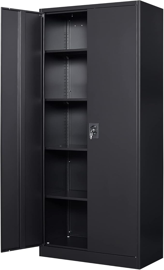 Metal Garage Storage Cabinet, 71" Tool Cabinet with 4 Adjustable Shelves, Metal File Cabinets with Lockable Doors for Garage, Home Office, Gym, School, Utility Room (Black, Assemble Required)