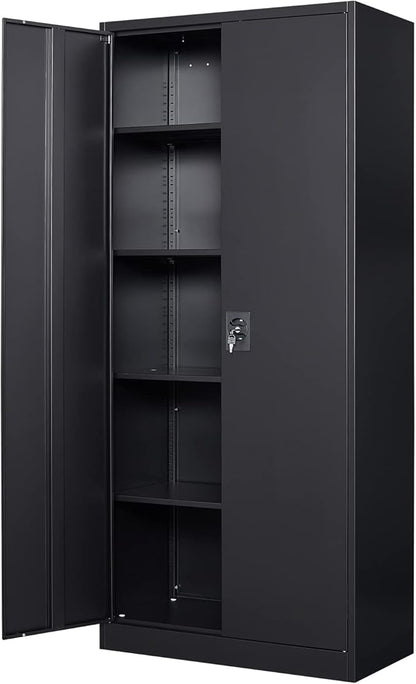Metal Garage Storage Cabinet, 71" Tool Cabinet with 4 Adjustable Shelves, Metal File Cabinets with Lockable Doors for Garage, Home Office, Gym, School, Utility Room (Black, Assemble Required)