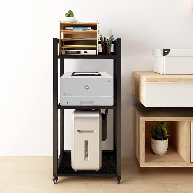 Natwind 3-Tier Movable Printer Stand with Storage Rolling Floor-Standing Deskside Shredder Computer Host Stand Adjustable Storage Shelf Rack on Wheels for Office Supplies Fax Scanner File Book (Black)