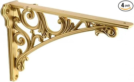 Decorative Shelf Bracket 6 inch, Gold Decorative Brackets for Shelving, Heavy Duty Vintage, DIY Projects, Hardware Included, 4 Pack, 5.9x4.17x1.73 inch,Baroque Style