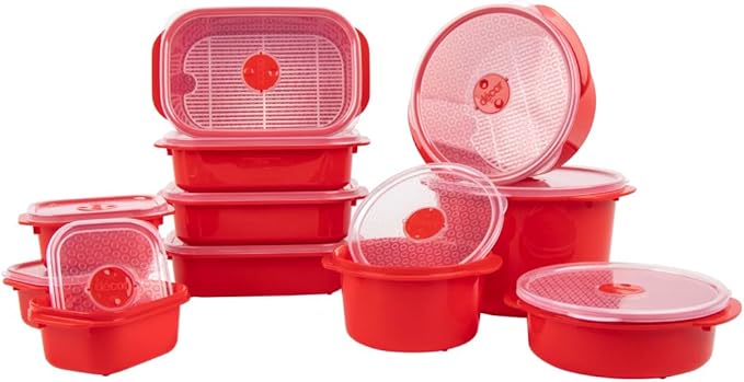 Décor Microwave Food Containers Set | 5 Pack - 2 x 375ml, 3 x 900ml | Steam Release Vent | Dishwasher & Freezer Safe | Red