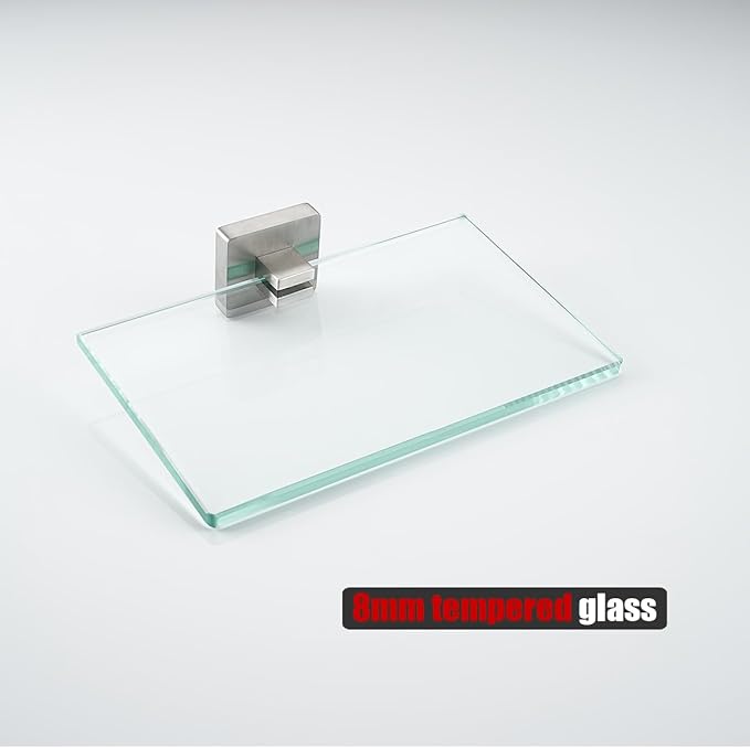 JQK Bathroom Glass Shelf, Tempered Glass Shower Storage 8 by 5 inches, 304 Stainless Steel Brushed Finish Wall Mount, TGS201L8-BN