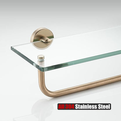 JQK Bathroom Glass Shelf, Shelf with 15 Inch Towel Bar Tempered Glass Shower Storage 16 by 5 inches, 304 Stainless Steel Champagne Bronze Wall Mount, TGS100L16-CB