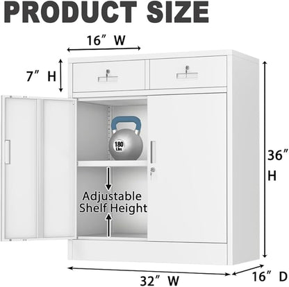 CJF Metal Storage Cabinet, Locking Storage Cabinet with Doors and 2 Drawers, Metal Cabinets for Office/Home/Garage 36" H x 32" W x 16" D (White)