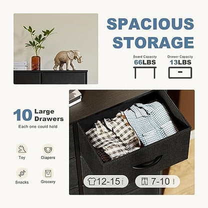 DUMOS Dresser for Bedroom, 10 Storage Drawers, Wide Fabric Closet Chests Organizer Tower Furniture with Wooden Top Metal Frame for Clothes, Guest Room, Living Room, Hallway, Entryway