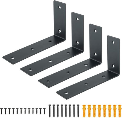 Alise Floating Shelf Brackets Heavy Duty L-Shaped Wall Brackets - Black Angle Corner Braces for Shelves, Stainless Steel Reinforced Shelf Support Bracket for Wooden Boards 7x4 Inch,Pack of 4