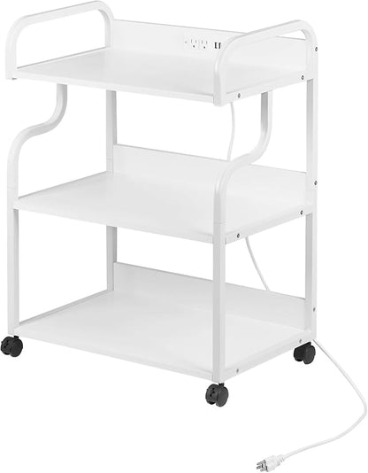 VECELO Large Printer Stand with Power Outlet, 3-Tier Rolling Cart with Lockable Wheels, Heavy Duty Utility Table for Home Office, 18.9"x23.6"x30.2", White